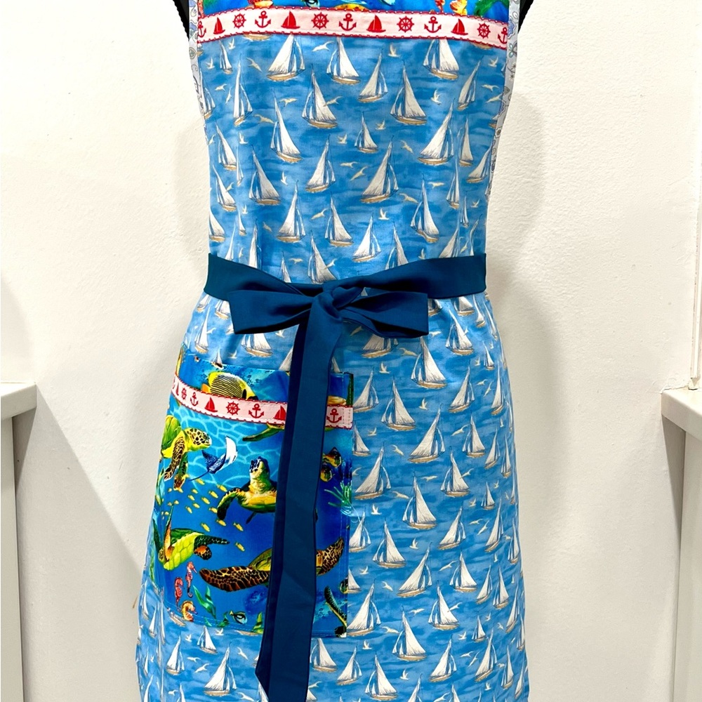Sailboat Print Apron with Blue Tie.Handmade